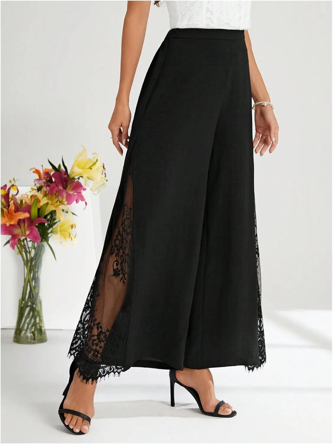 WDIRARA Women's Flowy Split Side Sheer Lace Wide Leg Flare Palazzo Pants