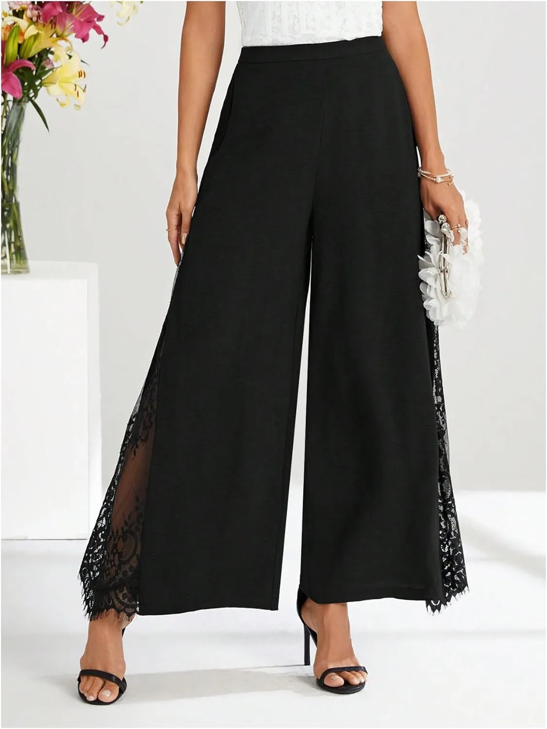 WDIRARA Women's Flowy Split Side Sheer Lace Wide Leg Flare Palazzo Pants