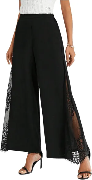 WDIRARA Women's Flowy Split Side Sheer Lace Wide Leg Flare Palazzo Pants