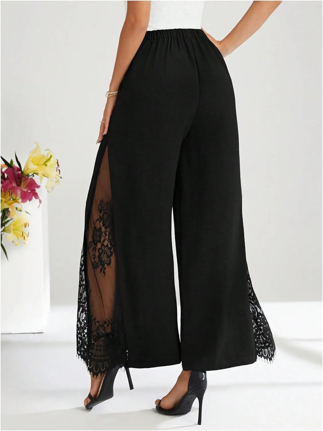 WDIRARA Women's Flowy Split Side Sheer Lace Wide Leg Flare Palazzo Pants