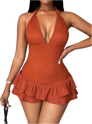 WDIRARA Women's Halter Ruffle Layered Short Jumpsuits Deep V Neck Backless Romper