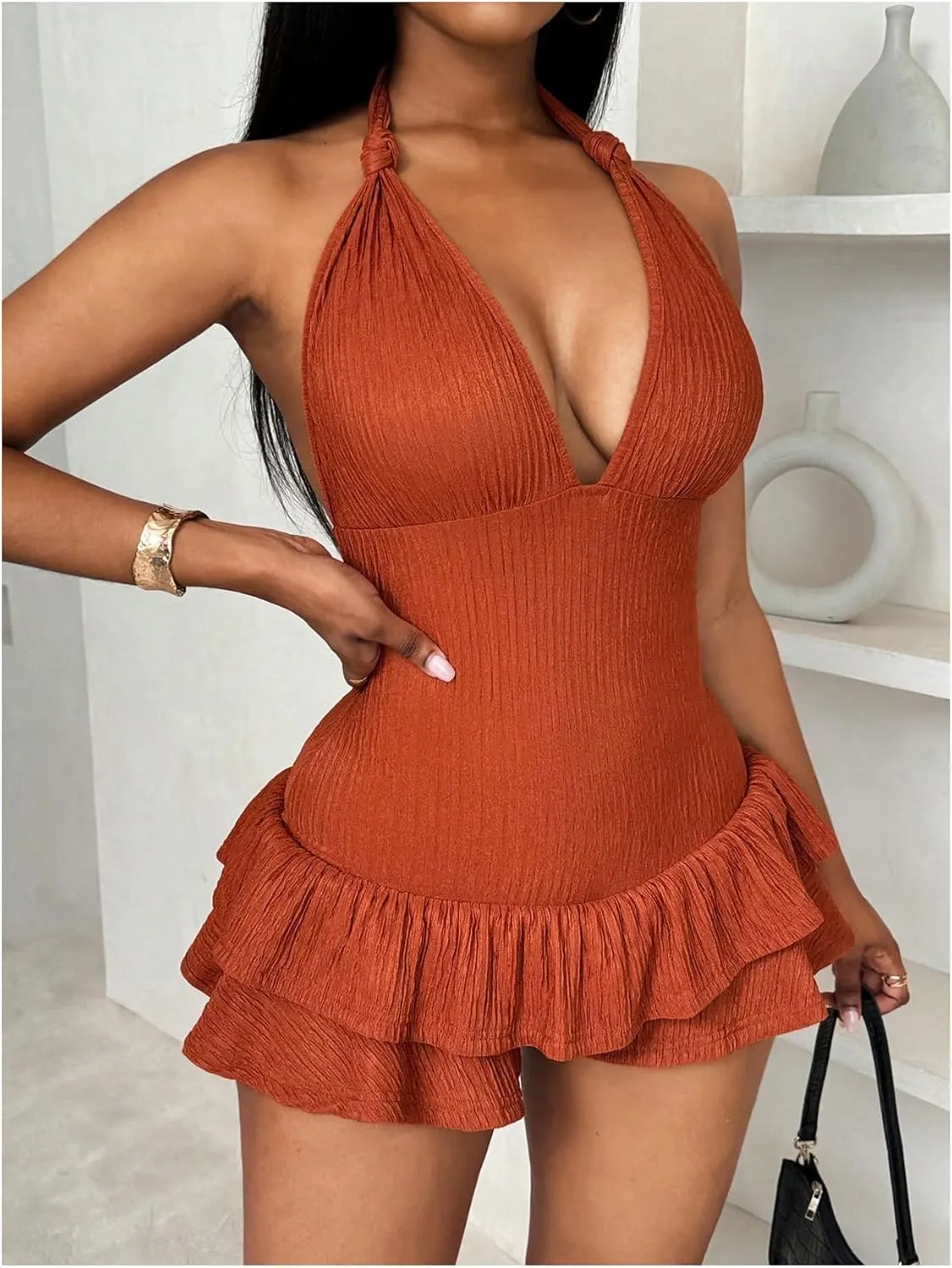 WDIRARA Women's Halter Ruffle Layered Short Jumpsuits Deep V Neck Backless Romper