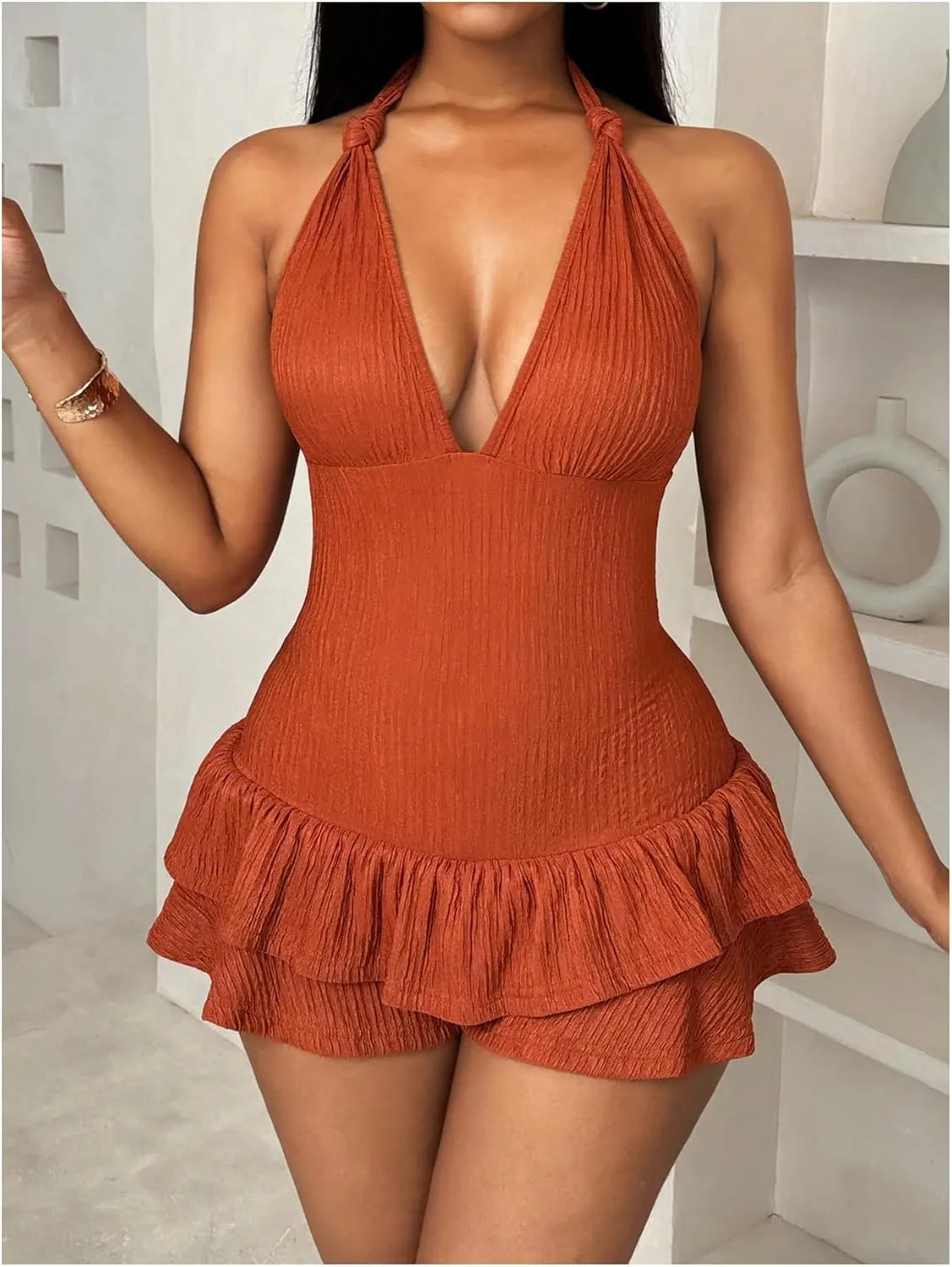 WDIRARA Women's Halter Ruffle Layered Short Jumpsuits Deep V Neck Backless Romper