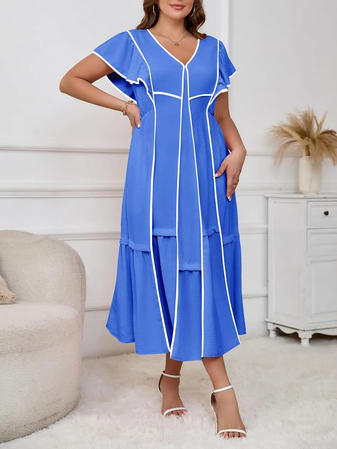 Wenrine Womens Summer V Neck Midi Dress Casual Ruffle Sleeve Contrast Color Loose Fit Flowy Long Dresses