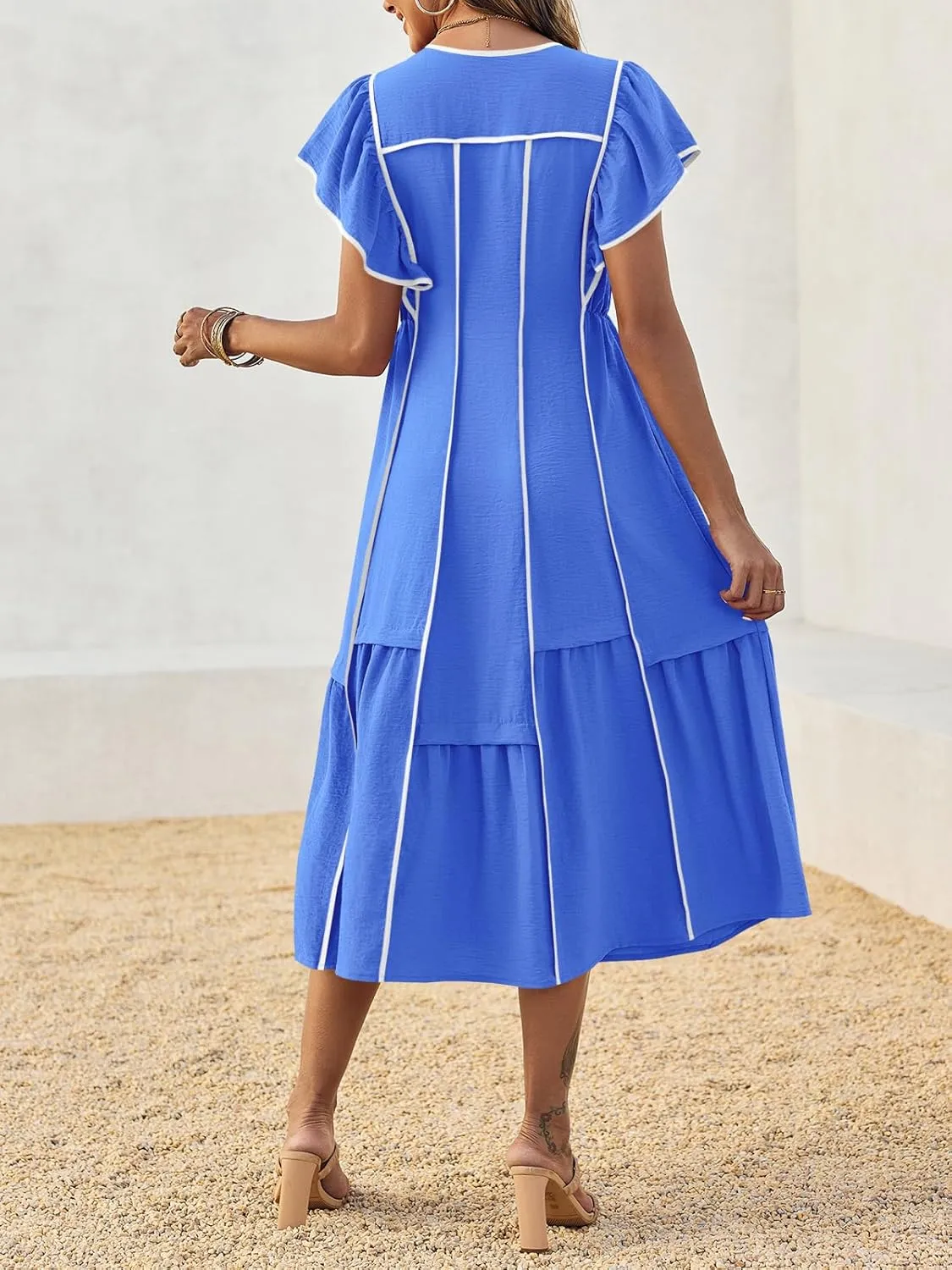 Wenrine Womens Summer V Neck Midi Dress Casual Ruffle Sleeve Contrast Color Loose Fit Flowy Long Dresses