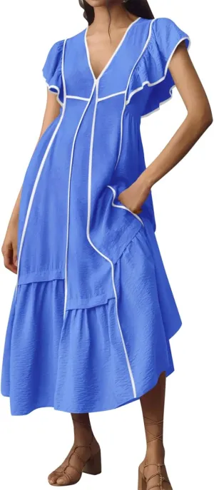 Wenrine Womens Summer V Neck Midi Dress Casual Ruffle Sleeve Contrast Color Loose Fit Flowy Long Dresses