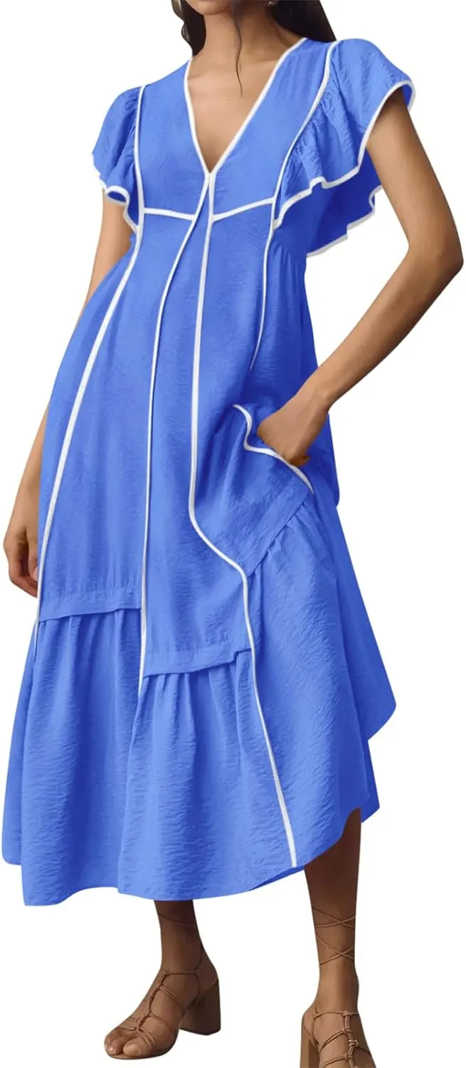 Wenrine Womens Summer V Neck Midi Dress Casual Ruffle Sleeve Contrast Color Loose Fit Flowy Long Dresses