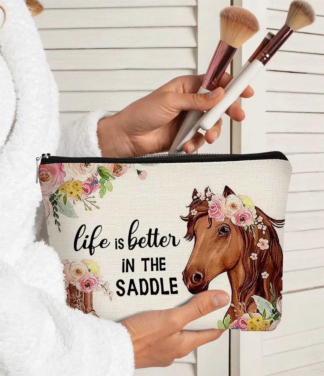 Western Horse Boots Flower Life is Better in the Saddle Funny Farmhouse Cosmetic Bag Makeup Bag Best Gift Idea for Horse Lovers Girls Women,Horse Owners Gifts,Birthday Christmas 's Day Gift