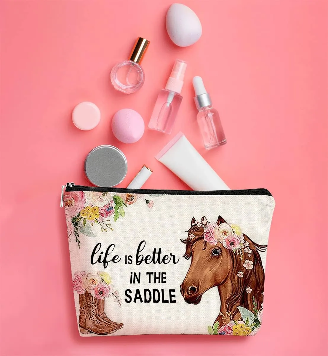 Western Horse Boots Flower Life is Better in the Saddle Funny Farmhouse Cosmetic Bag Makeup Bag Best Gift Idea for Horse Lovers Girls Women,Horse Owners Gifts,Birthday Christmas 's Day Gift