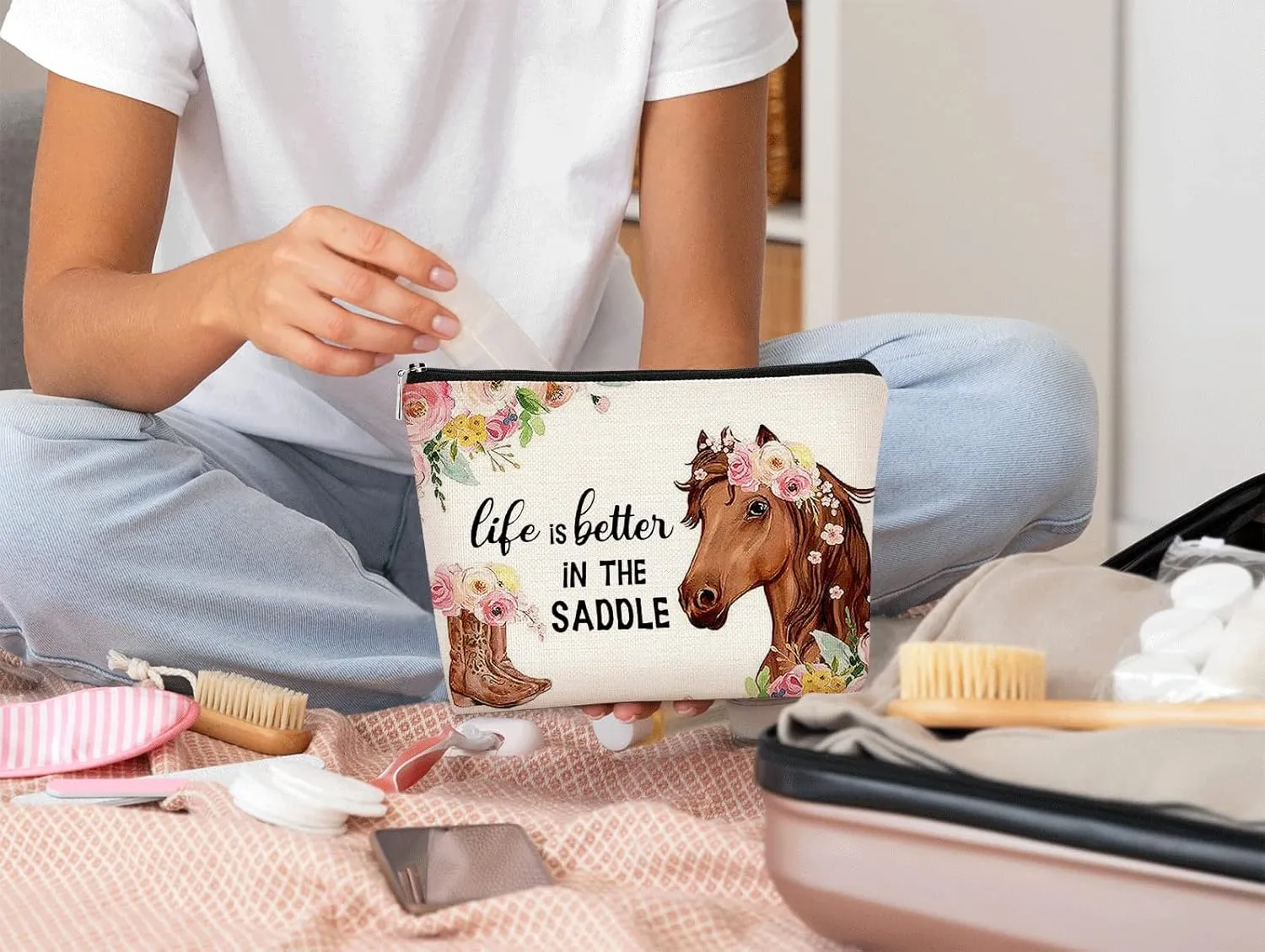 Western Horse Boots Flower Life is Better in the Saddle Funny Farmhouse Cosmetic Bag Makeup Bag Best Gift Idea for Horse Lovers Girls Women,Horse Owners Gifts,Birthday Christmas 's Day Gift