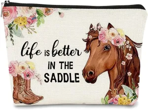 Western Horse Boots Flower Life is Better in the Saddle Funny Farmhouse Cosmetic Bag Makeup Bag Best Gift Idea for Horse Lovers Girls Women,Horse Owners Gifts,Birthday Christmas 's Day Gift