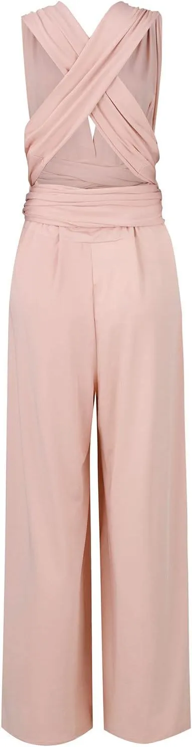 Wide Leg Jumpsuits For Women Loose Fit Formal Jumpers Dressy Long V Neck Sleeveless Rompers Backless Belted Overalls