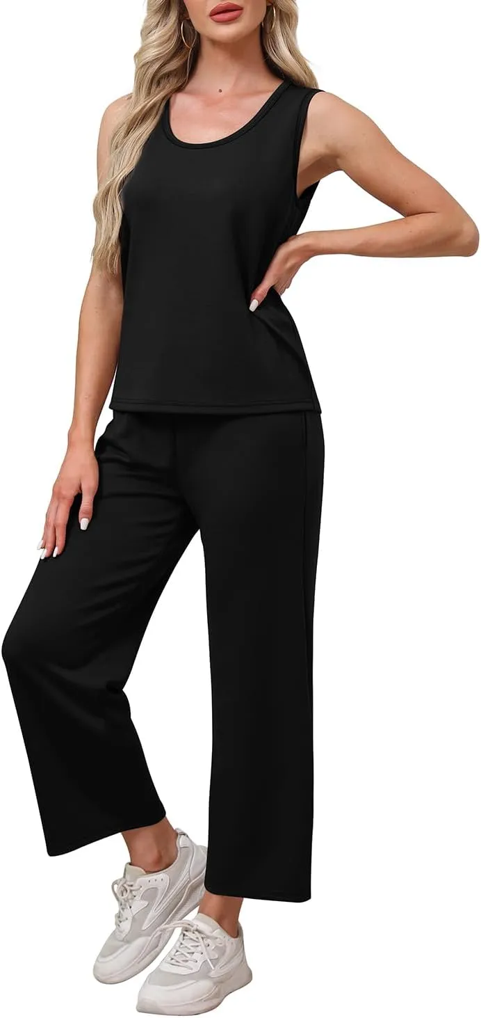 WIHOLL Two Piece Sets for Women Casual Travel Vacation Outfits Summer Wide Leg Pants Lounge Sets