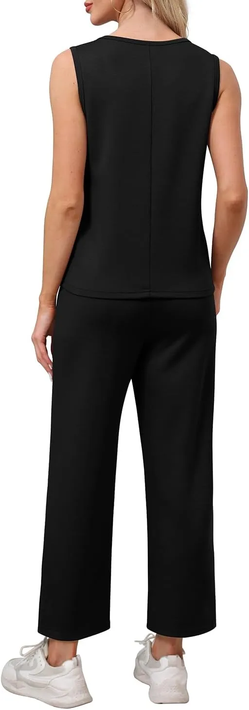 WIHOLL Two Piece Sets for Women Casual Travel Vacation Outfits Summer Wide Leg Pants Lounge Sets