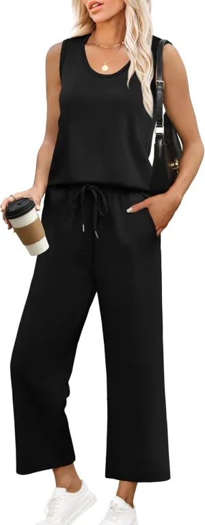 WIHOLL Two Piece Sets for Women Casual Travel Vacation Outfits Summer Wide Leg Pants Lounge Sets