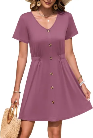 WNEEDU Women Summer Dresses Short Sleeve Casual Loose Swing Button Down Mini Dress Flowy Beach Sundress