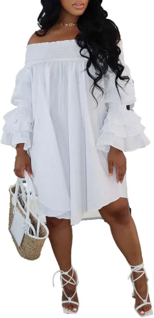 WOKANSE Women's Sexy Solid Color Layered Flare Sleeve Cold Shoulder A Line Shoulder Ruched Midi Dresses Night Out