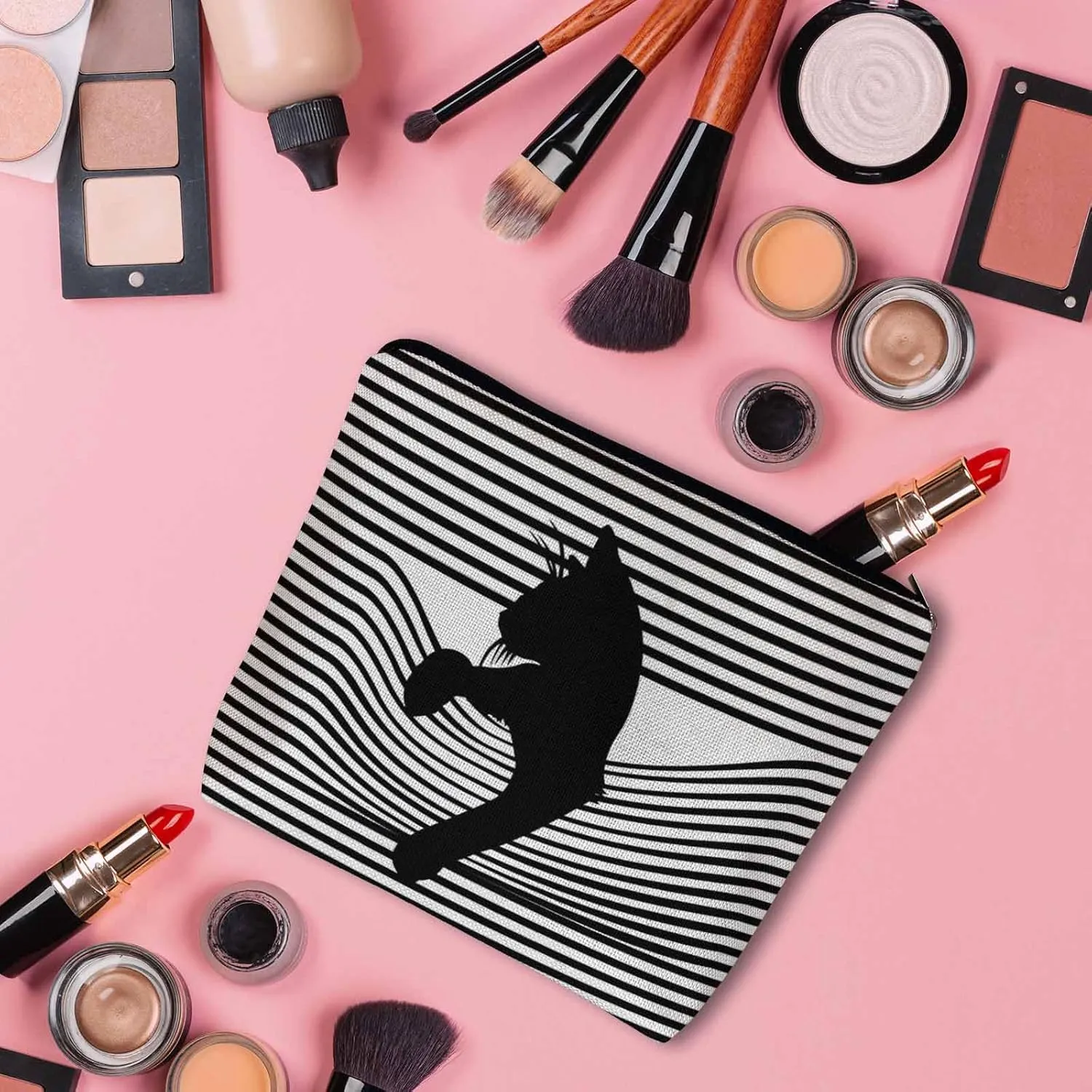 Woman Makeup Bag Black Cat, Funny Kitten Cat Stripes White Makeup Bags Travel Cosmetic Bags Toiletry Makeup Organizer Pencil Pouch Make Up Cosmetic Bag For Owners Lady Birthday Gifts