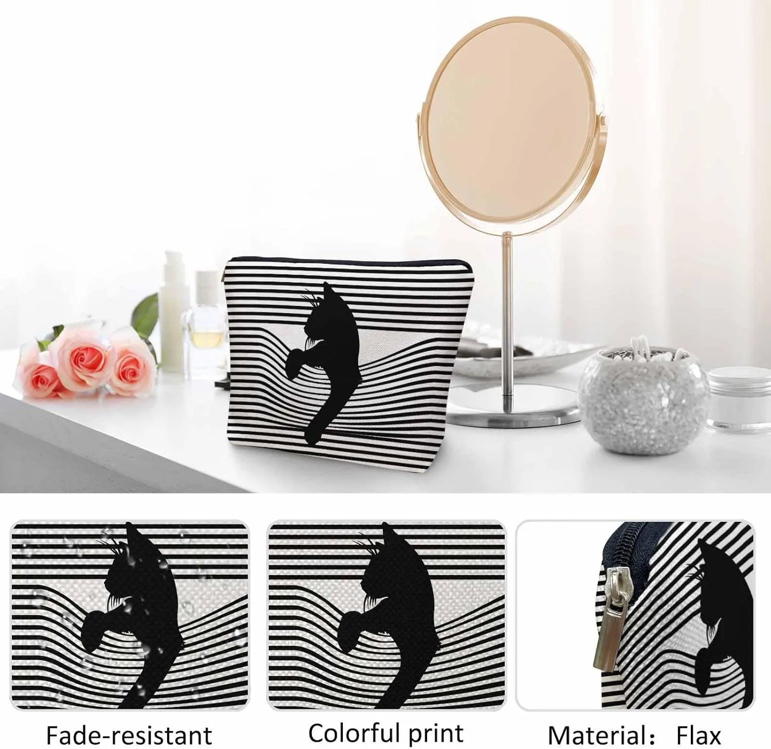 Woman Makeup Bag Black Cat, Funny Kitten Cat Stripes White Makeup Bags Travel Cosmetic Bags Toiletry Makeup Organizer Pencil Pouch Make Up Cosmetic Bag For Owners Lady Birthday Gifts