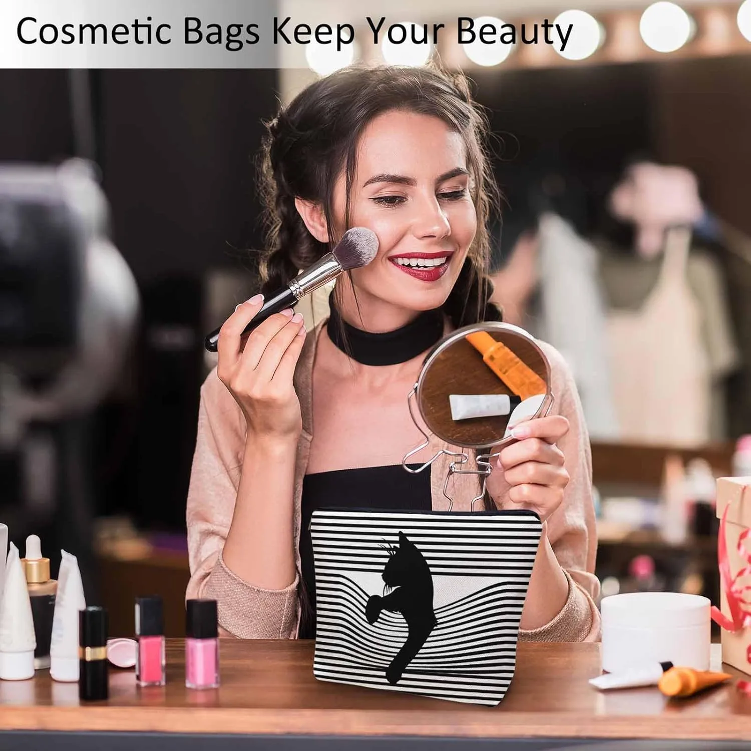 Woman Makeup Bag Black Cat, Funny Kitten Cat Stripes White Makeup Bags Travel Cosmetic Bags Toiletry Makeup Organizer Pencil Pouch Make Up Cosmetic Bag For Owners Lady Birthday Gifts