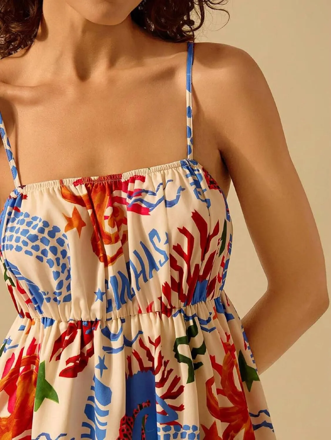Women Boho Floral Cami Mini Dress Spaghetti Strap Printed A Line Short Dress Graffiti Cut Out Colorful Summer Dress