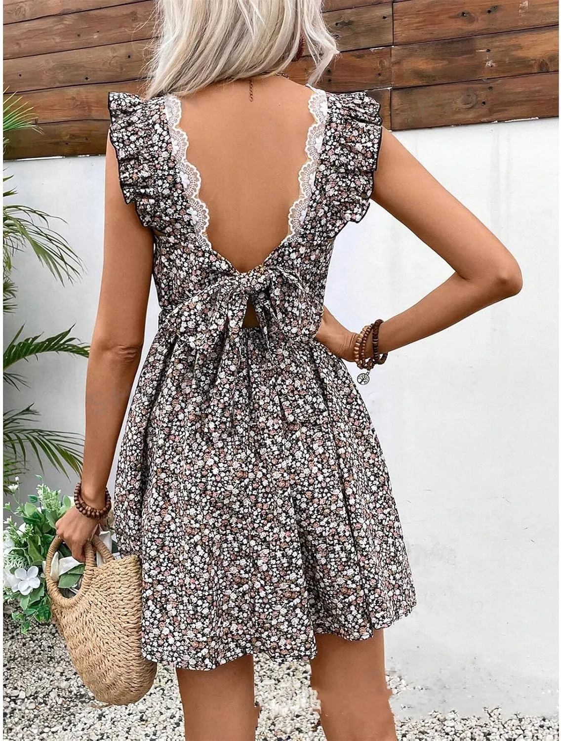 Women Boho Floral Mini Dress Backless Bow Knot Puff Sleeve A-line Short V Neck Ruffle Mini Flowy Dress