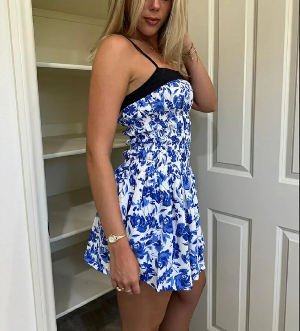 Women Boho Spaghetti Strap Mini Dress Floral Open Back Camisole Short Dress A-Line Sun Dress Summer Beach Dress