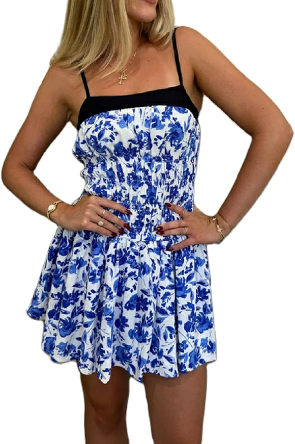 Women Boho Spaghetti Strap Mini Dress Floral Open Back Camisole Short Dress A-Line Sun Dress Summer Beach Dress