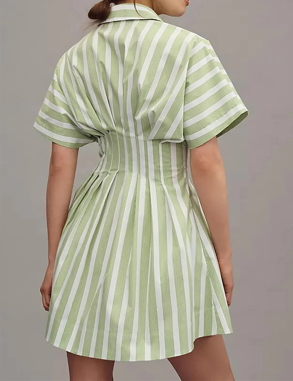 Women Button Down Pleated Shirt Dress Summer Short Sleeve Blouse Striped Print Corset Mini Dresses