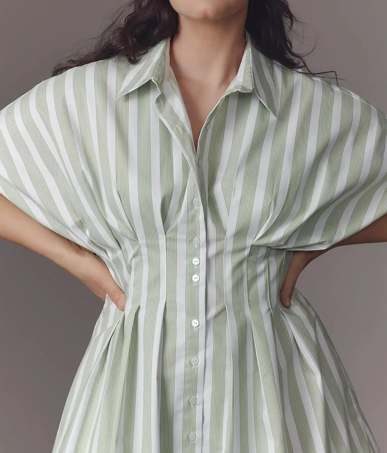 Women Button Down Pleated Shirt Dress Summer Short Sleeve Blouse Striped Print Corset Mini Dresses