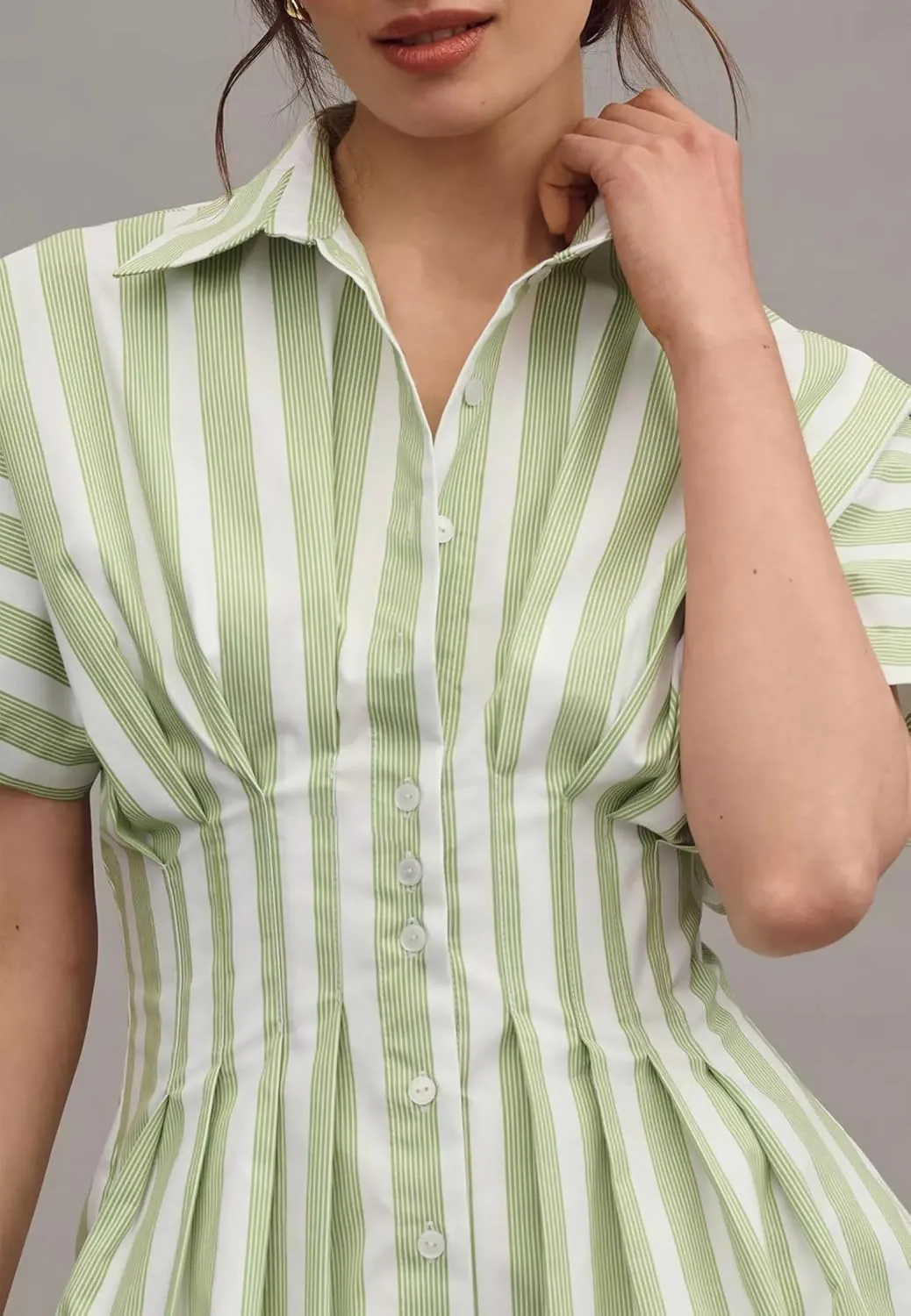 Women Button Down Pleated Shirt Dress Summer Short Sleeve Blouse Striped Print Corset Mini Dresses