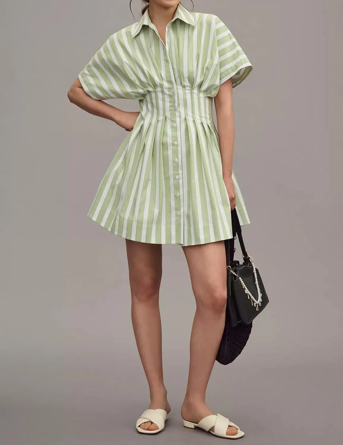 Women Button Down Pleated Shirt Dress Summer Short Sleeve Blouse Striped Print Corset Mini Dresses