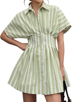 Women Button Down Pleated Shirt Dress Summer Short Sleeve Blouse Striped Print Corset Mini Dresses