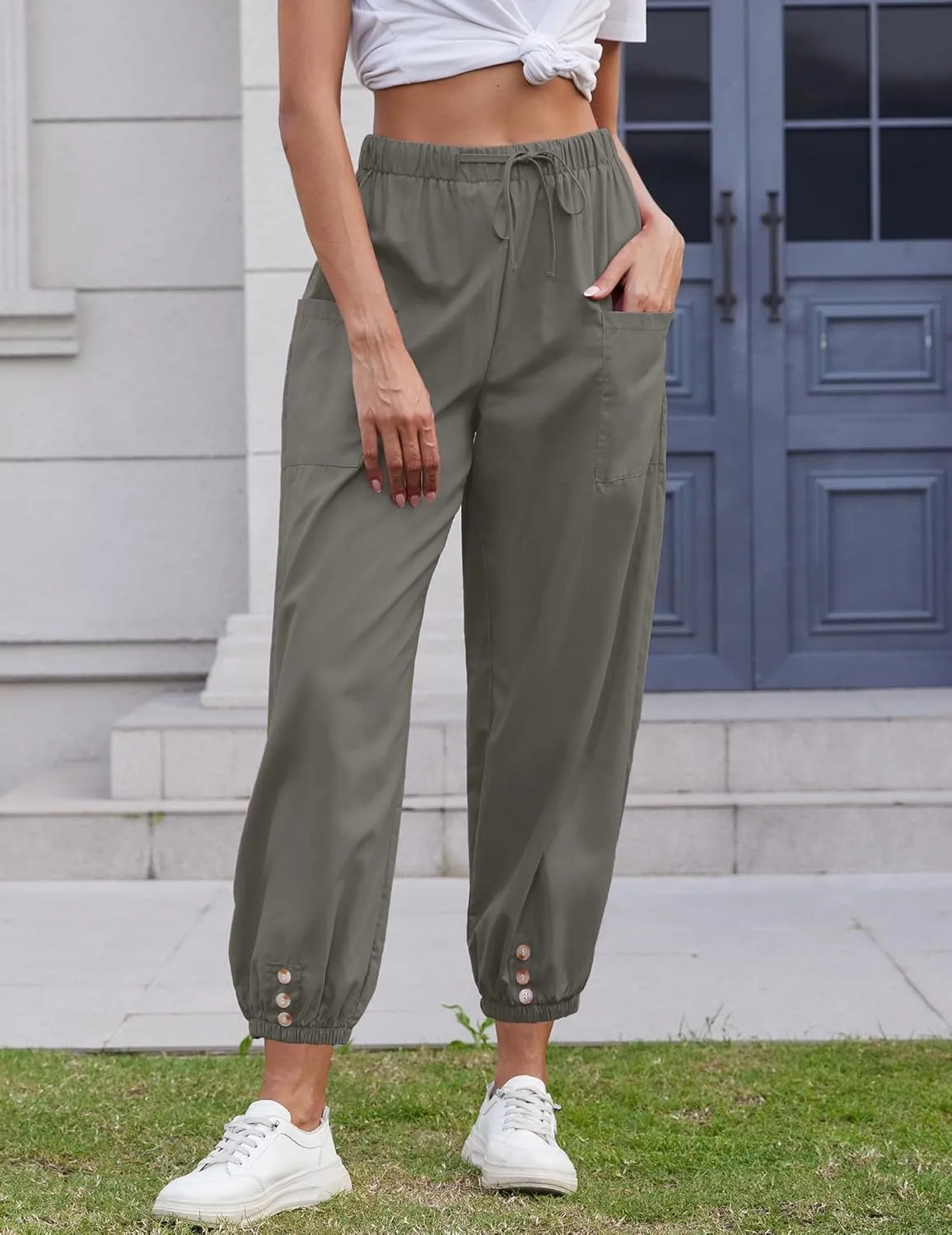Women Capri Pants Lounge Drawstring High Elastic Waist Wide Leg Quick Dry Pants Cinch Bottom Trousers