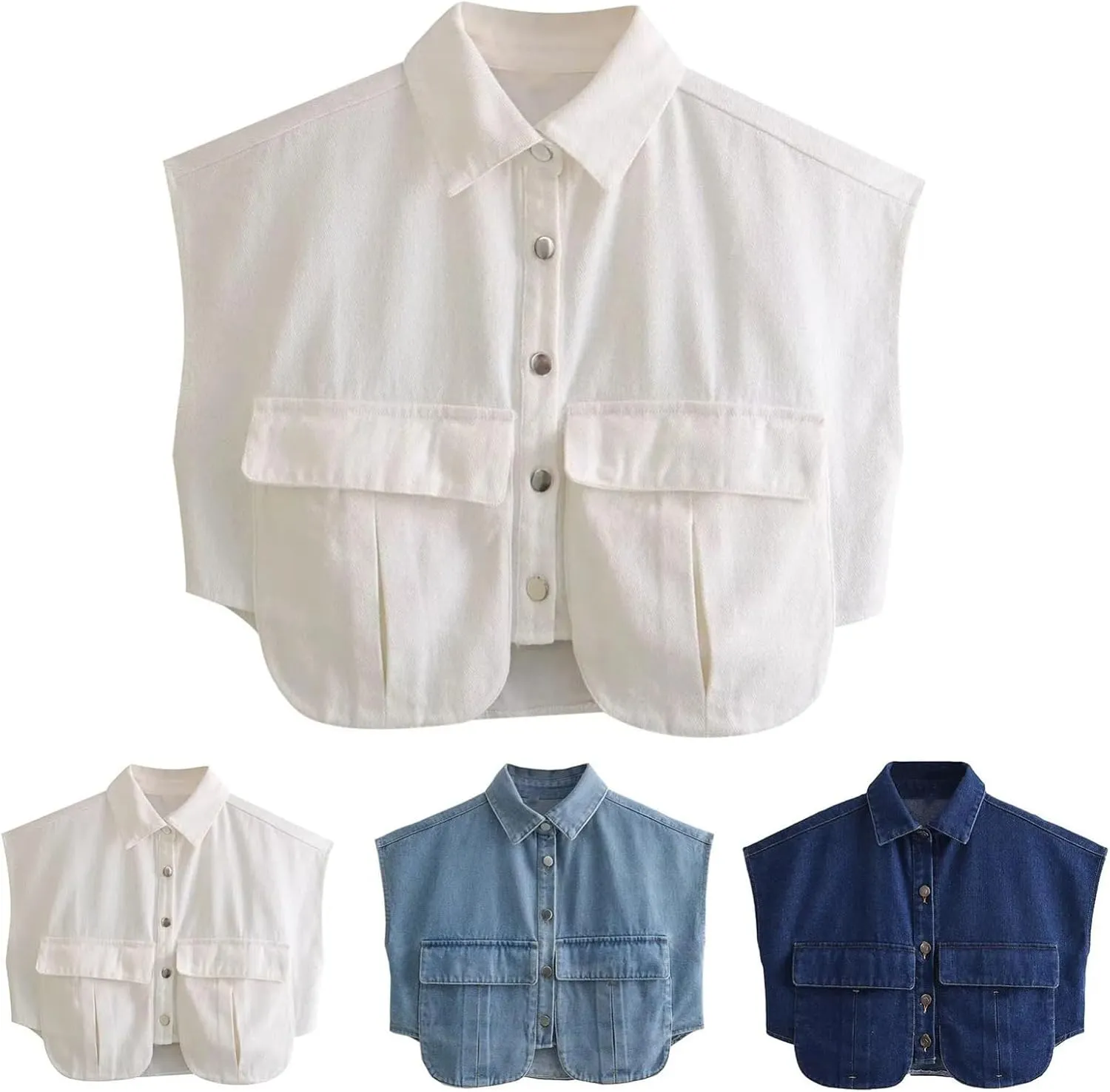 Women Casual Denim Vest Cropped Oversized Button Down Asymmetrical Hem Sleeveless Jean Vest Top with Pockets