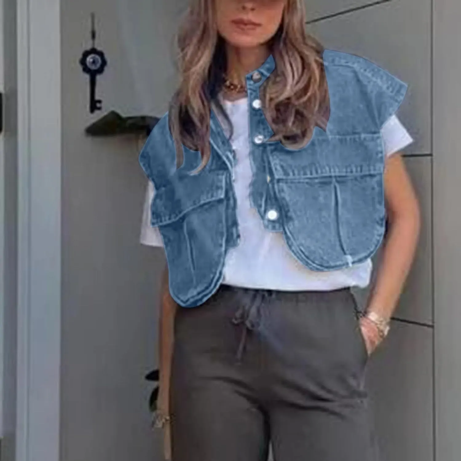 Women Casual Denim Vest Cropped Oversized Button Down Asymmetrical Hem Sleeveless Jean Vest Top with Pockets