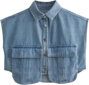 Women Casual Denim Vest Cropped Oversized Button Down Asymmetrical Hem Sleeveless Jean Vest Top with Pockets
