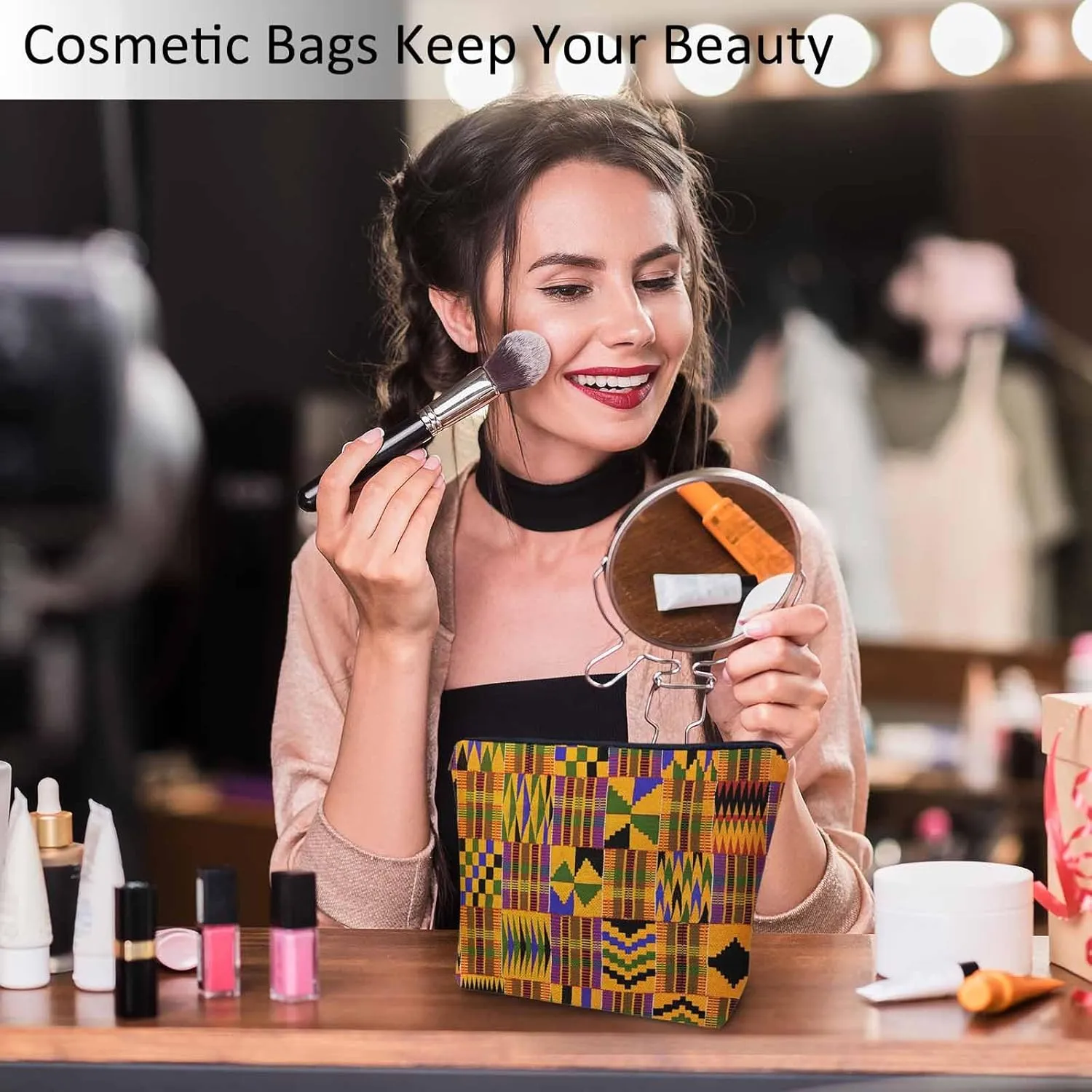 Women Cosmetic Bag African Pattern, African Tribal Ethnic Geometric Cute Makeup Bag For Purse Cosmetic Travel Bag For Toiletries Makeup Storage Bag Flax Skincare Bag Make Up Pouch Bags