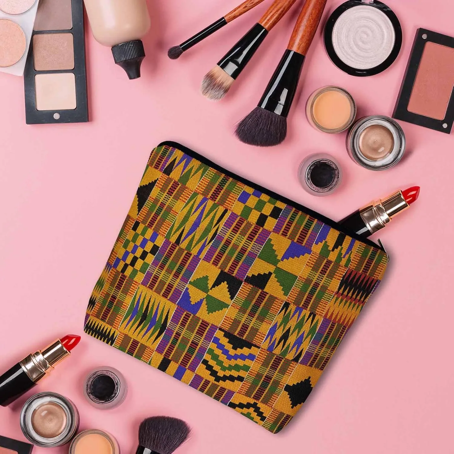 Women Cosmetic Bag African Pattern, African Tribal Ethnic Geometric Cute Makeup Bag For Purse Cosmetic Travel Bag For Toiletries Makeup Storage Bag Flax Skincare Bag Make Up Pouch Bags