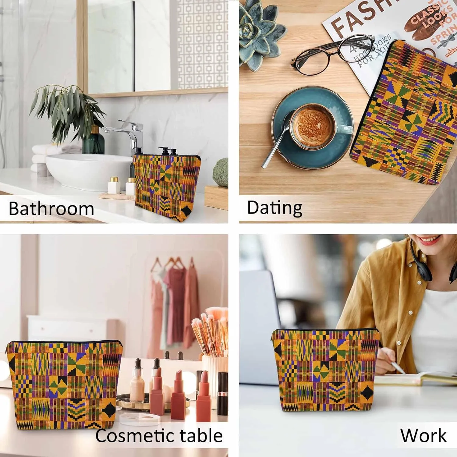 Women Cosmetic Bag African Pattern, African Tribal Ethnic Geometric Cute Makeup Bag For Purse Cosmetic Travel Bag For Toiletries Makeup Storage Bag Flax Skincare Bag Make Up Pouch Bags