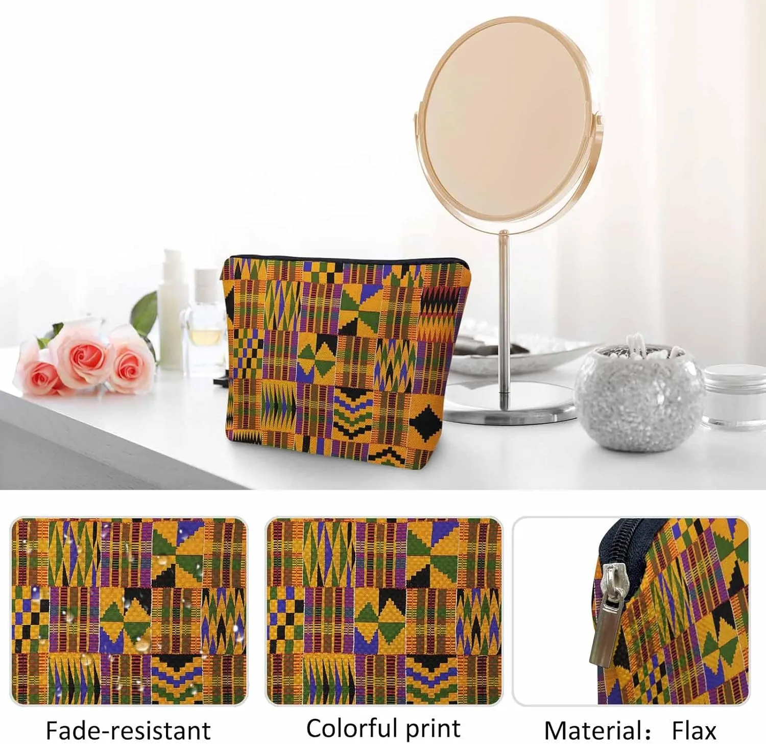 Women Cosmetic Bag African Pattern, African Tribal Ethnic Geometric Cute Makeup Bag For Purse Cosmetic Travel Bag For Toiletries Makeup Storage Bag Flax Skincare Bag Make Up Pouch Bags