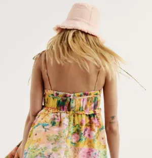 Women Floral Mini Dress Coquette Lace Trim Bow Tie Front A Line Summer Flowy Dress Cute Ruffle Spaghetti Strap Dress