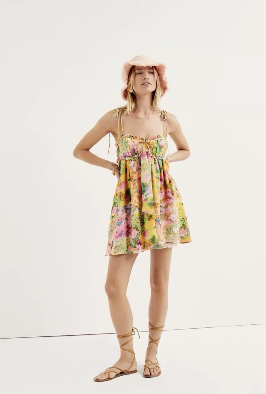 Women Floral Mini Dress Coquette Lace Trim Bow Tie Front A Line Summer Flowy Dress Cute Ruffle Spaghetti Strap Dress