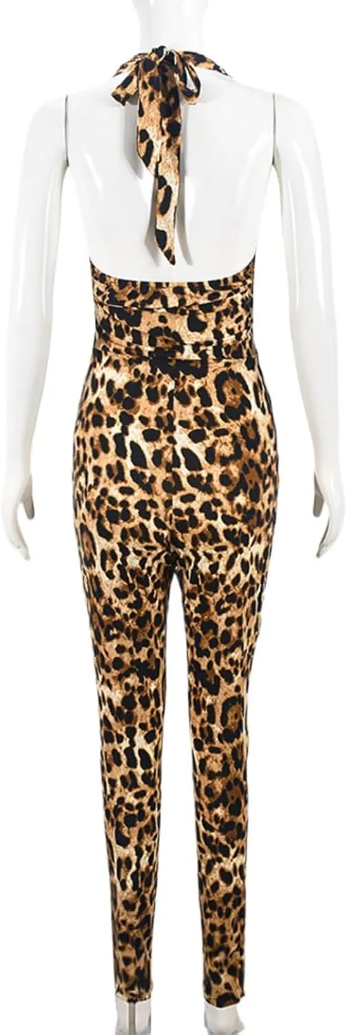 Women Knit Sexy Bodycon Romper Leopard Print Halter Jumpsuit Casual Bodysuits Fashion One Piece Outfits
