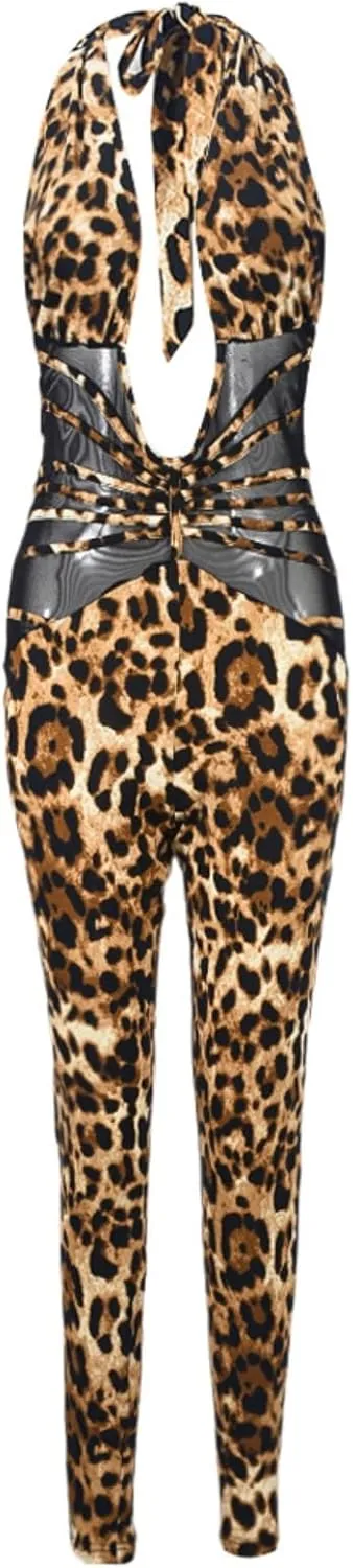 Women Knit Sexy Bodycon Romper Leopard Print Halter Jumpsuit Casual Bodysuits Fashion One Piece Outfits