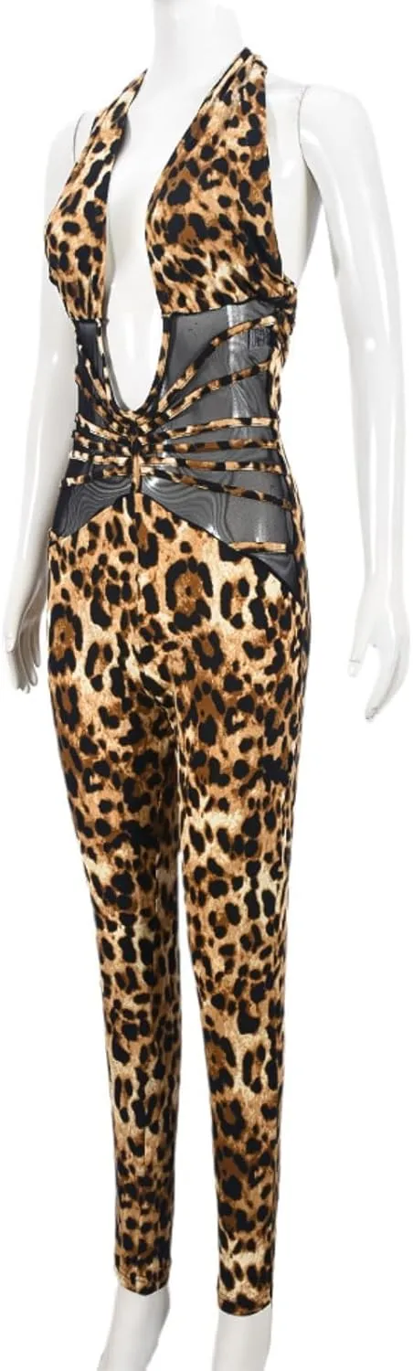 Women Knit Sexy Bodycon Romper Leopard Print Halter Jumpsuit Casual Bodysuits Fashion One Piece Outfits