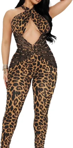 Women Knit Sexy Bodycon Romper Leopard Print Halter Jumpsuit Casual Bodysuits Fashion One Piece Outfits