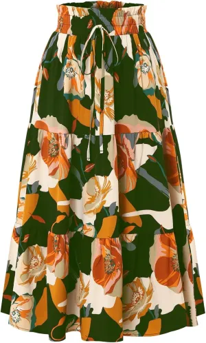 Women Maxi Skirt Casual High Elastic Waisted A Line Pleated Flowy Ruffle Tiered Boho Floral Bohemian Long Skirt