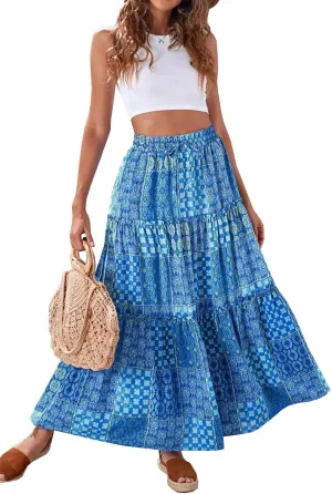 Women Maxi Skirt Casual High Elastic Waisted A Line Pleated Flowy Ruffle Tiered Boho Floral Bohemian Long Skirt
