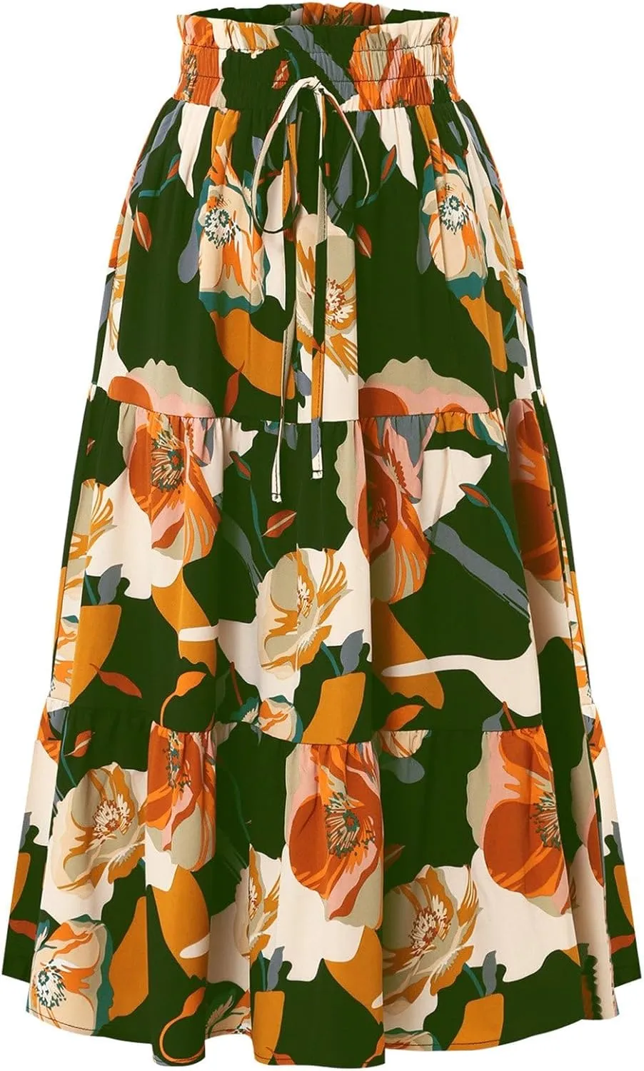 Women Maxi Skirt Casual High Elastic Waisted A Line Pleated Flowy Ruffle Tiered Boho Floral Bohemian Long Skirt